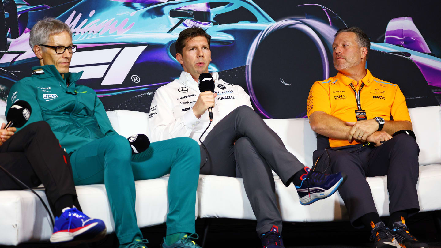 MIAMI, FLORIDA - MAY 03: Mike Krack, Team Principal of the Aston Martin F1 Team, James Vowles, Team