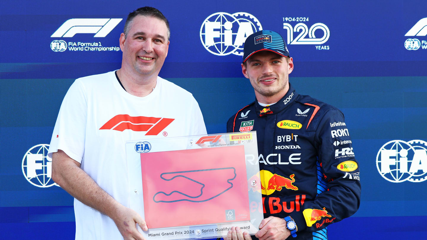 MIAMI, FLORIDA - MAY 03: Sprint Pole qualifier Max Verstappen of the Netherlands and Oracle Red