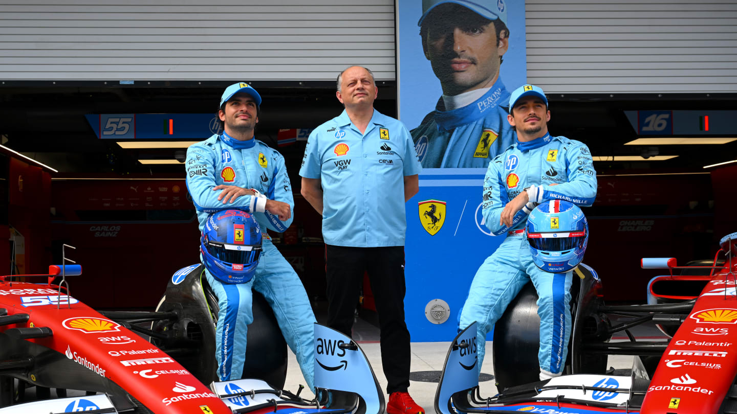 MIAMI, FLORIDA - MAY 02: Carlos Sainz of Spain and Ferrari, Ferrari Team Principal Frederic Vasseur