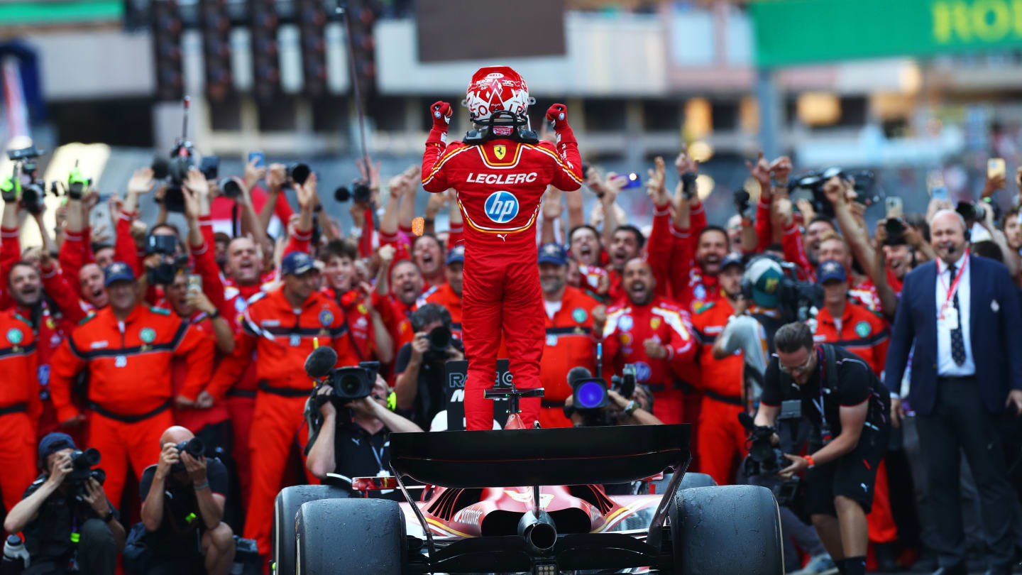 MONTE-CARLO, MONACO - MAY 26: Race winner Charles Leclerc of Monaco and Ferrari celebrates in parc