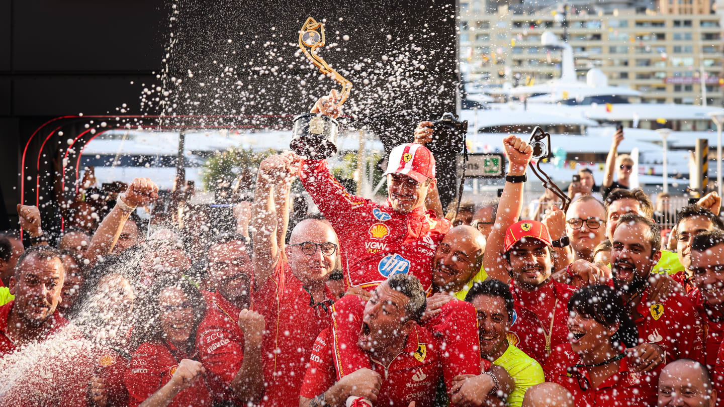 MONTE-CARLO, MONACO - MAY 26:  Race winner Charles Leclerc of Monaco and Ferrari celebrates with