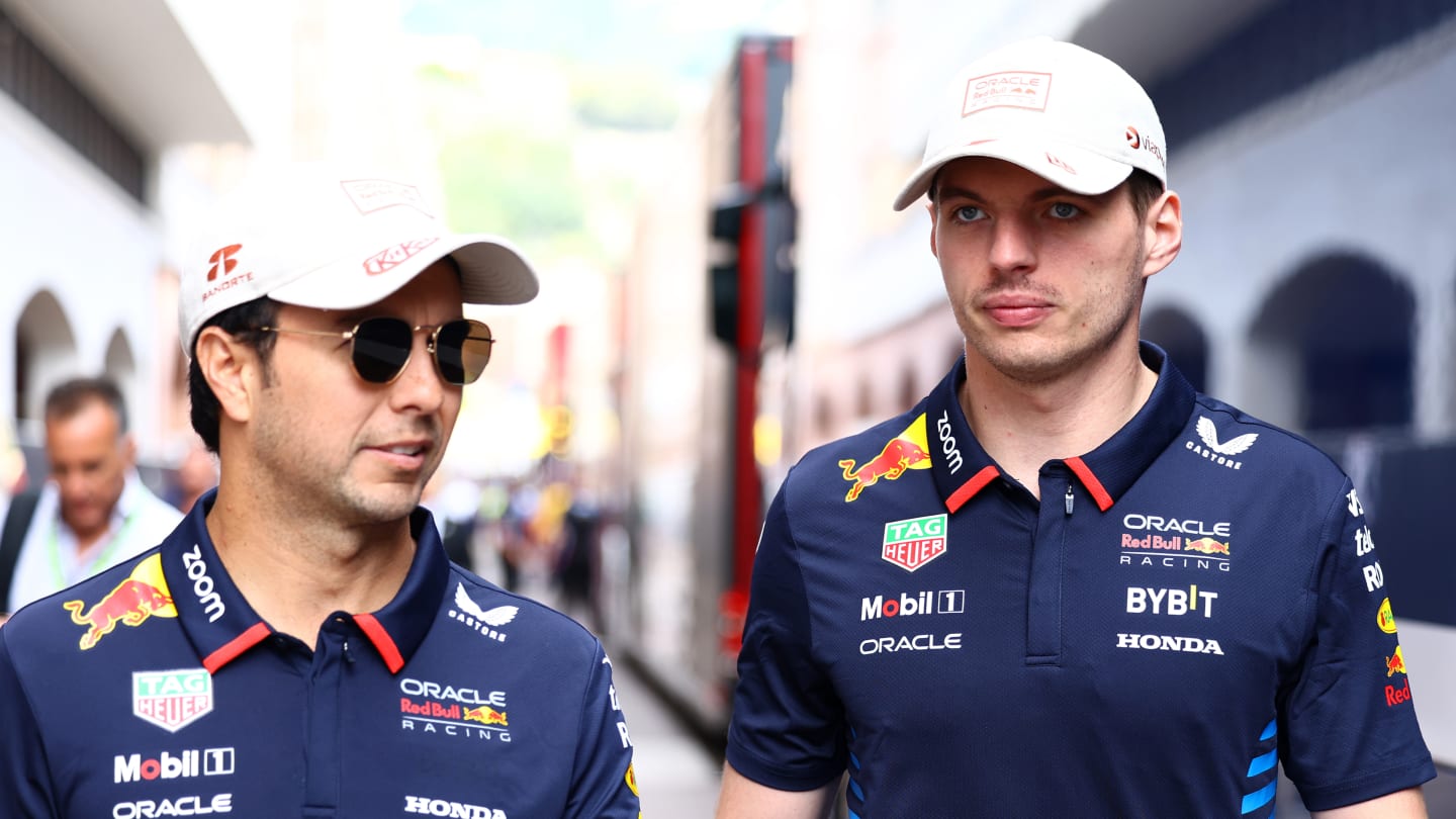 MONTE-CARLO, MONACO - MAY 25: Sergio Perez of Mexico and Oracle Red Bull Racing and Max Verstappen