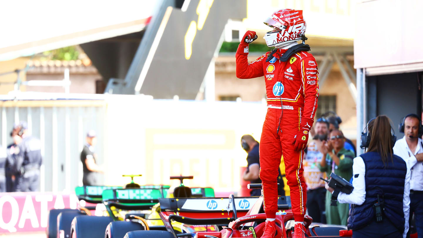 MONTE-CARLO, MONACO - MAY 25: Pole position qualifier Charles Leclerc of Monaco and Ferrari celebrates in parc ferme during qualifying ahead of the F1 Grand Prix of Monaco at Circuit de Monaco on May 25, 2024 in Monte-Carlo, Monaco. (Photo by Mark Thompson/Getty Images)