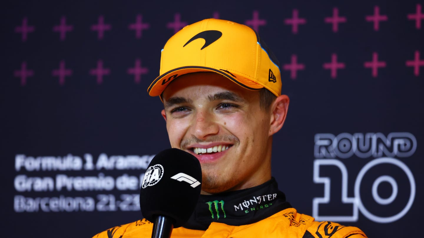 Lando Norris celebrates pole position in Spain