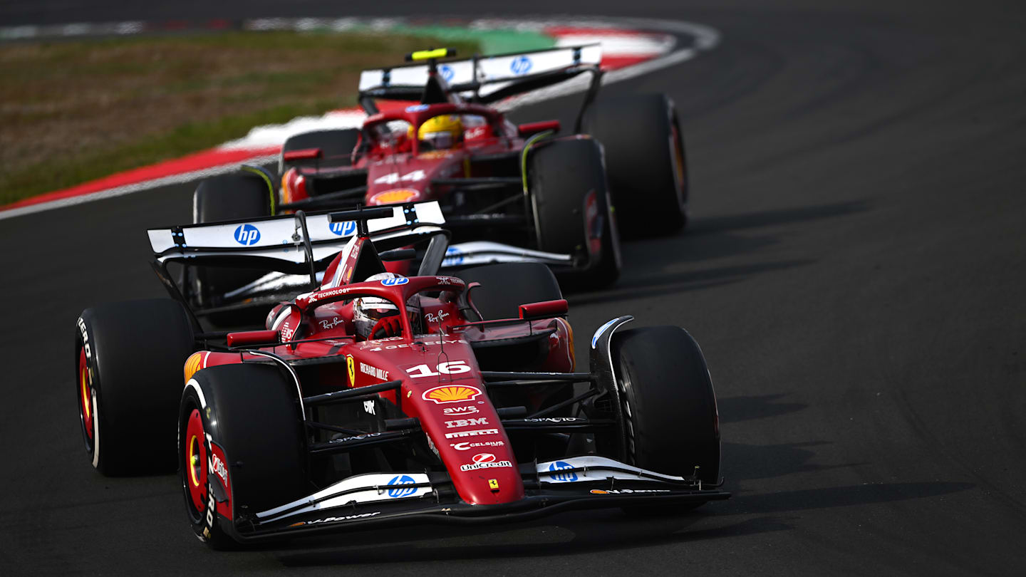 SHANGHAI, CHINA - MARCH 23: Charles Leclerc of Monaco driving the (16) Scuderia Ferrari SF-25 leads