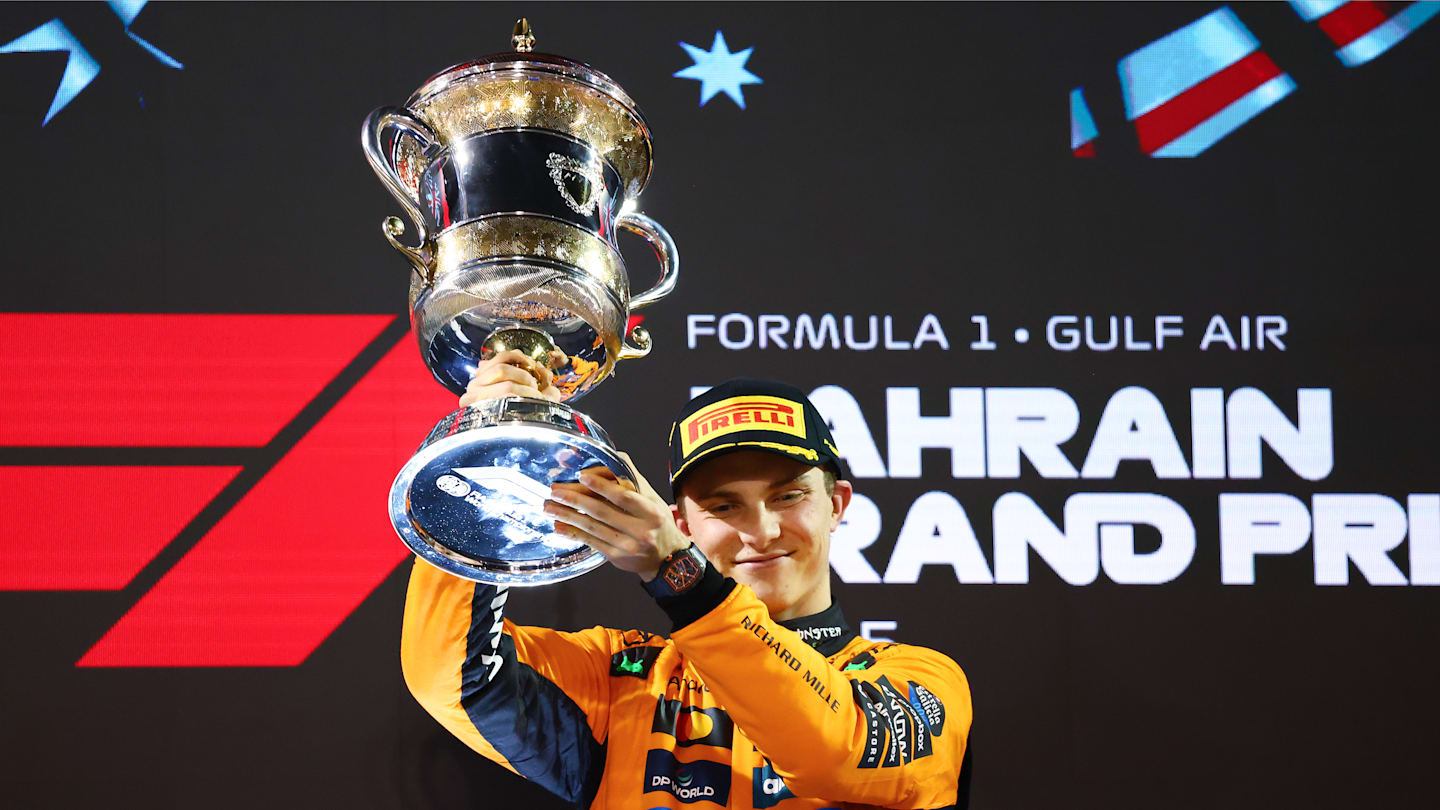 BAHRAIN, BAHRAIN - APRIL 13: Race winner Oscar Piastri of Australia and McLaren celebrates on the