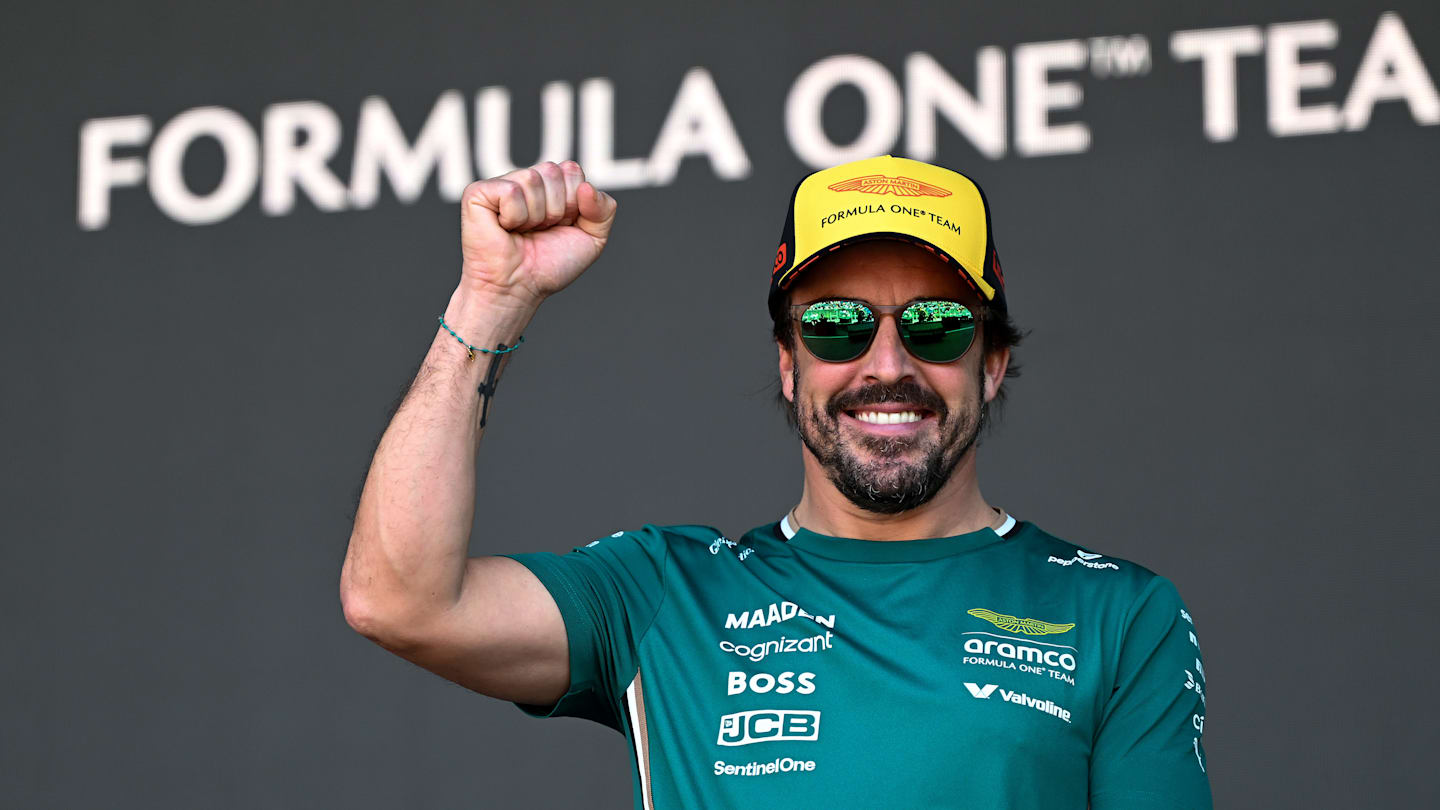 BARCELONA, SPAIN - MAY 30: Fernando Alonso of Spain and Aston Martin F1 Team on stage during