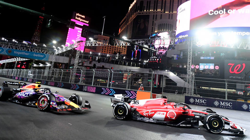 Las Vegas, NV - November 18: Charles Leclerc, right, leads Sergio Perez, left, as they make the