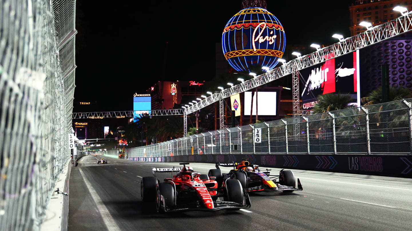 LAS VEGAS, NEVADA - NOVEMBER 18: Charles Leclerc of Monaco driving the (16) Ferrari SF-23 and Max