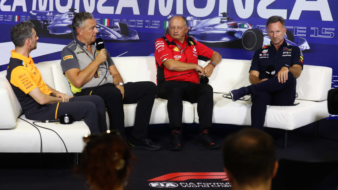 Andrea Stella, Mario Isola, Frederic Vasseur and Christian Horner during press conference ahead of