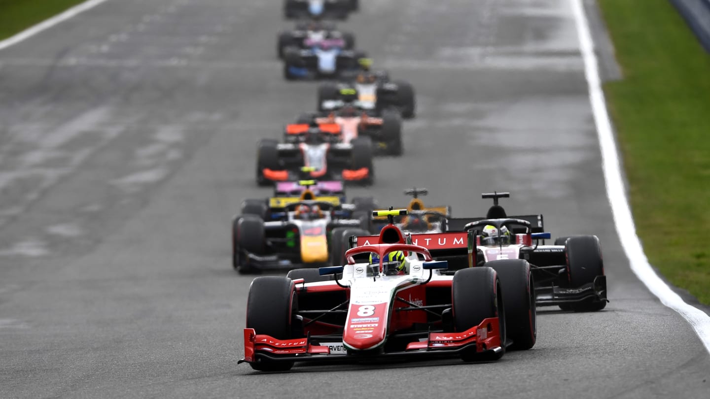 SPA, BELGIUM - JULY 30: Oliver Bearman of Great Britain and PREMA Racing (8) leads Theo Pourchaire