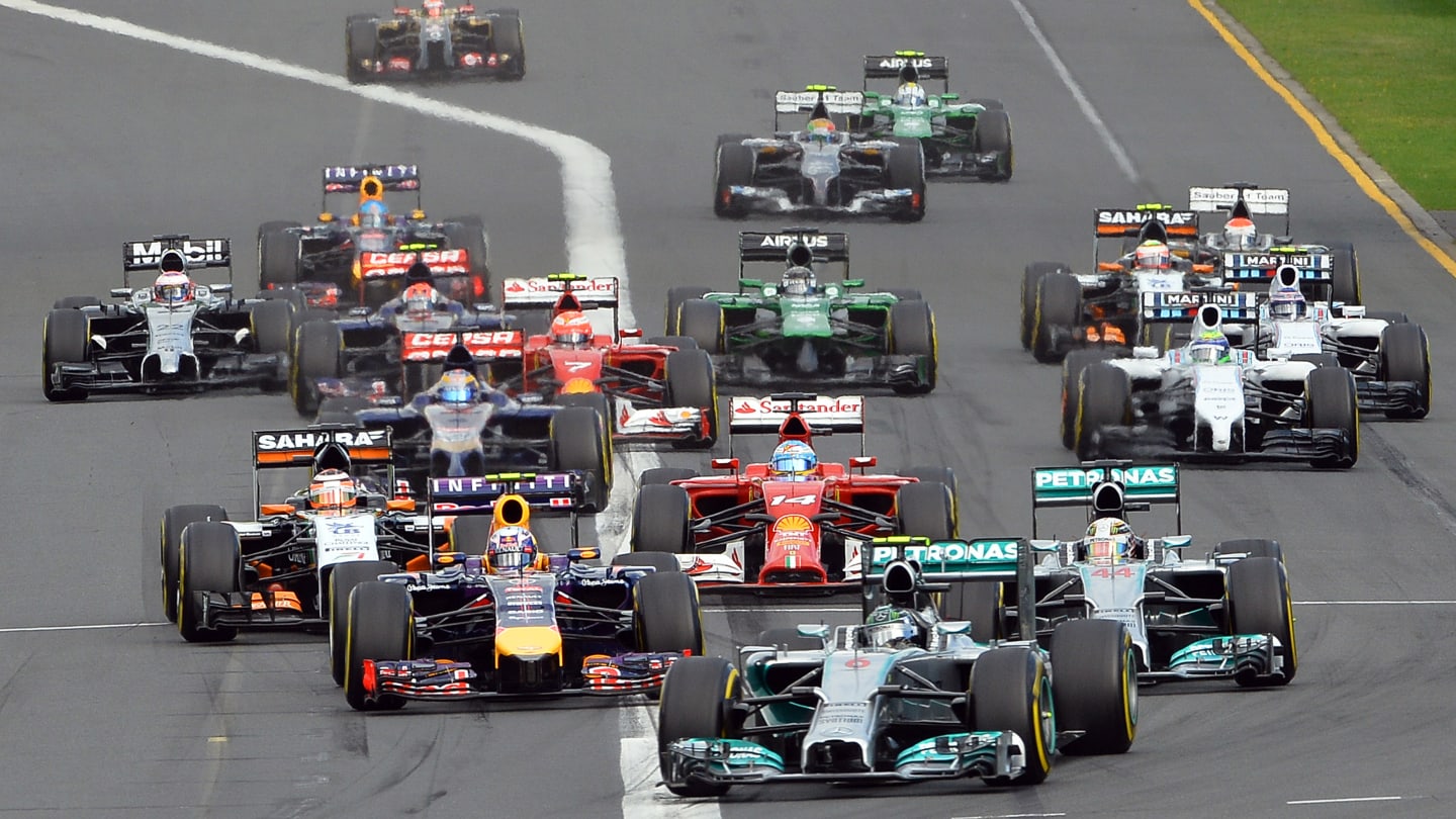 Mercedes driver Nico Rosberg of Germany (bottom C) leads the pack at the start of the Formula One