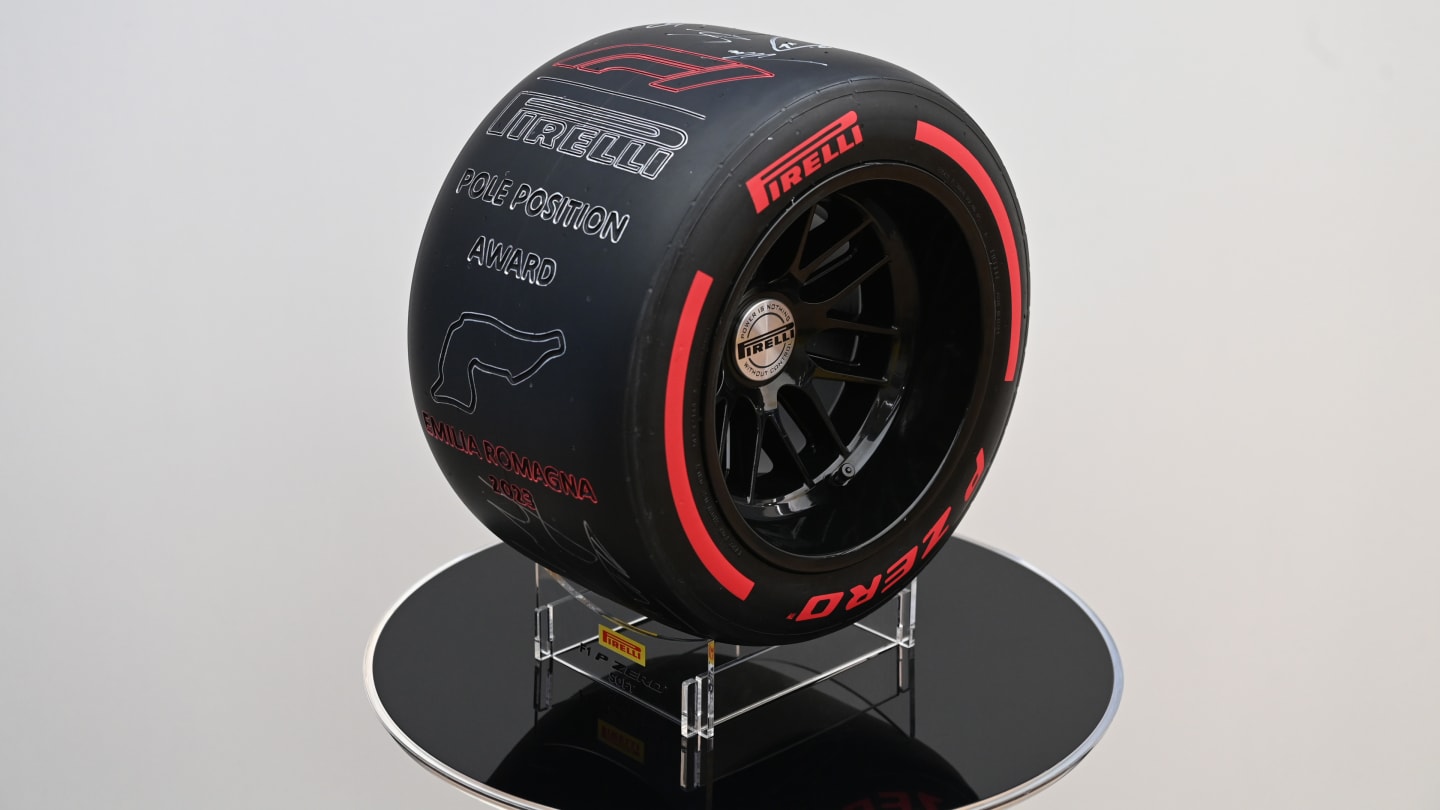 CIRCUIT DE MONACO, MONACO - MAY 27: Emilia Romagna Pole Position Award tyre signed for charity