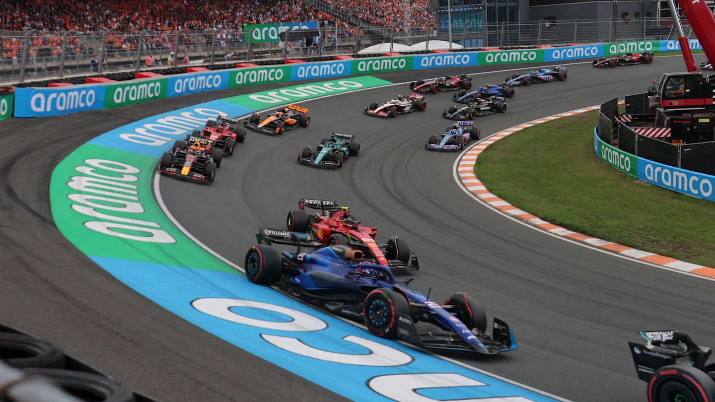 Race cars on track at the first lap at turn no 3 during the Dutch GP Formula 1 World Championship