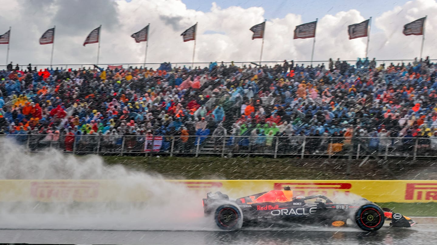 Max Verstappen of the Netherlands driving the car no 1 in wet conditions with lot of spraying water