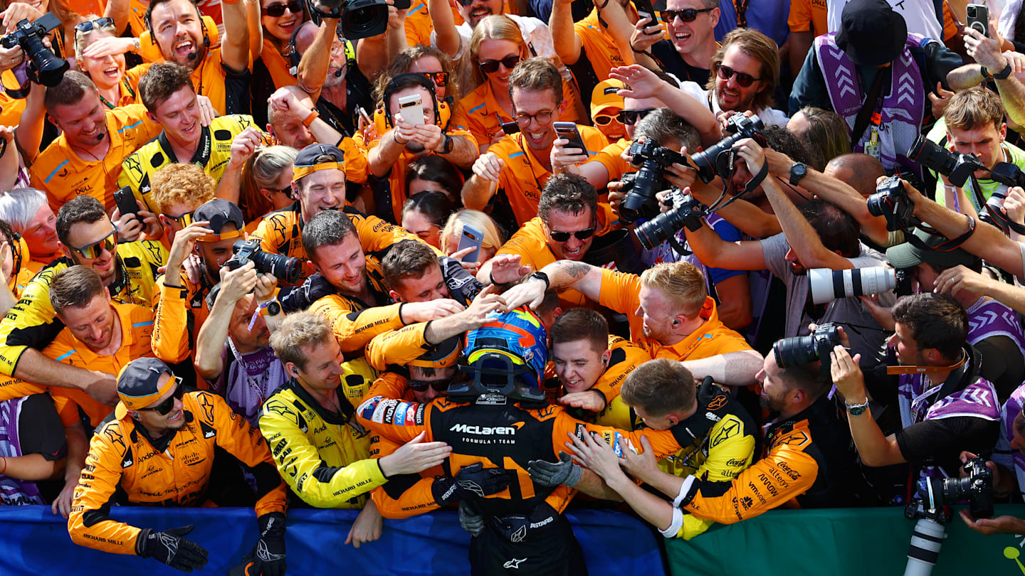 BUDAPEST, HUNGARY - JULY 21: Race winner Oscar Piastri of Australia and McLaren celebrates in parc