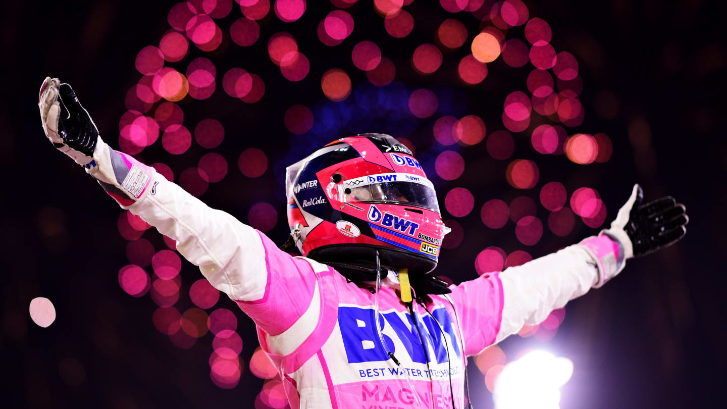 BAHRAIN, BAHRAIN - DECEMBER 06: Race winner Sergio Perez of Mexico and Racing Point celebrates his