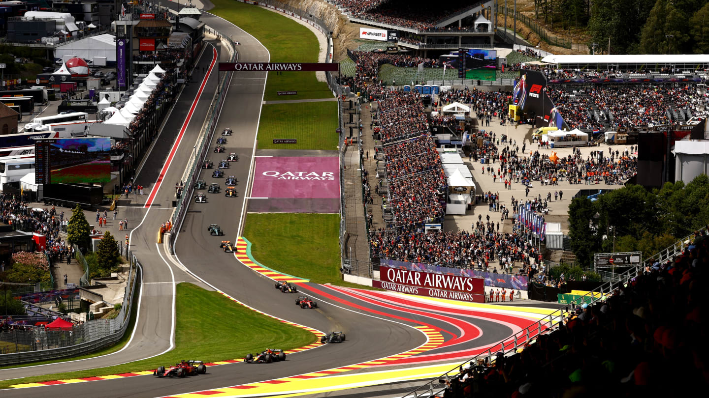 SPA, BELGIUM - JULY 30: Charles Leclerc of Monaco driving the (16) Ferrari SF-23 leads Sergio Perez