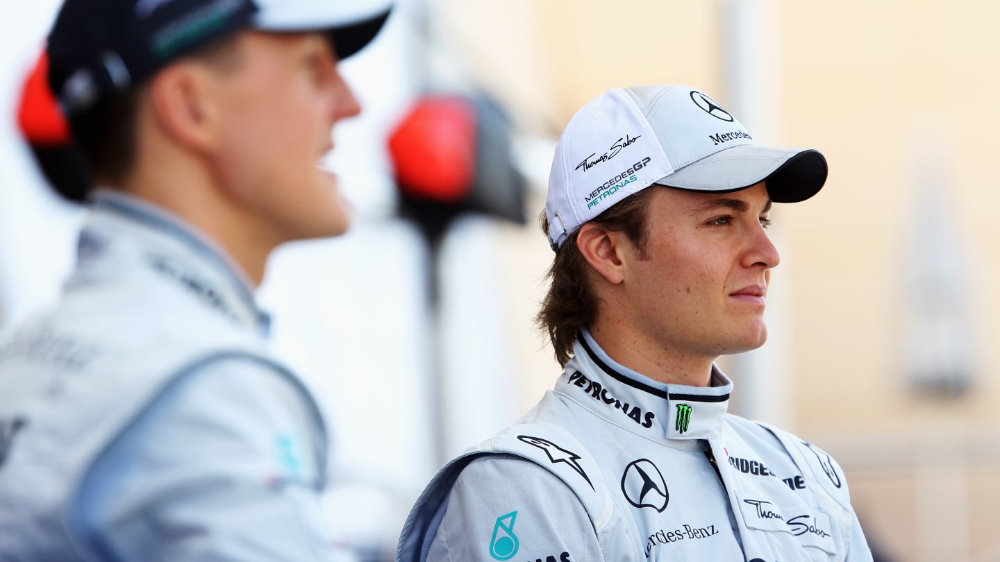 SAKIR, BAHRAIN - MARCH 14:  Michael Schumacher (L) of Germany and Mercedes GP and Nico Rosberg (R)