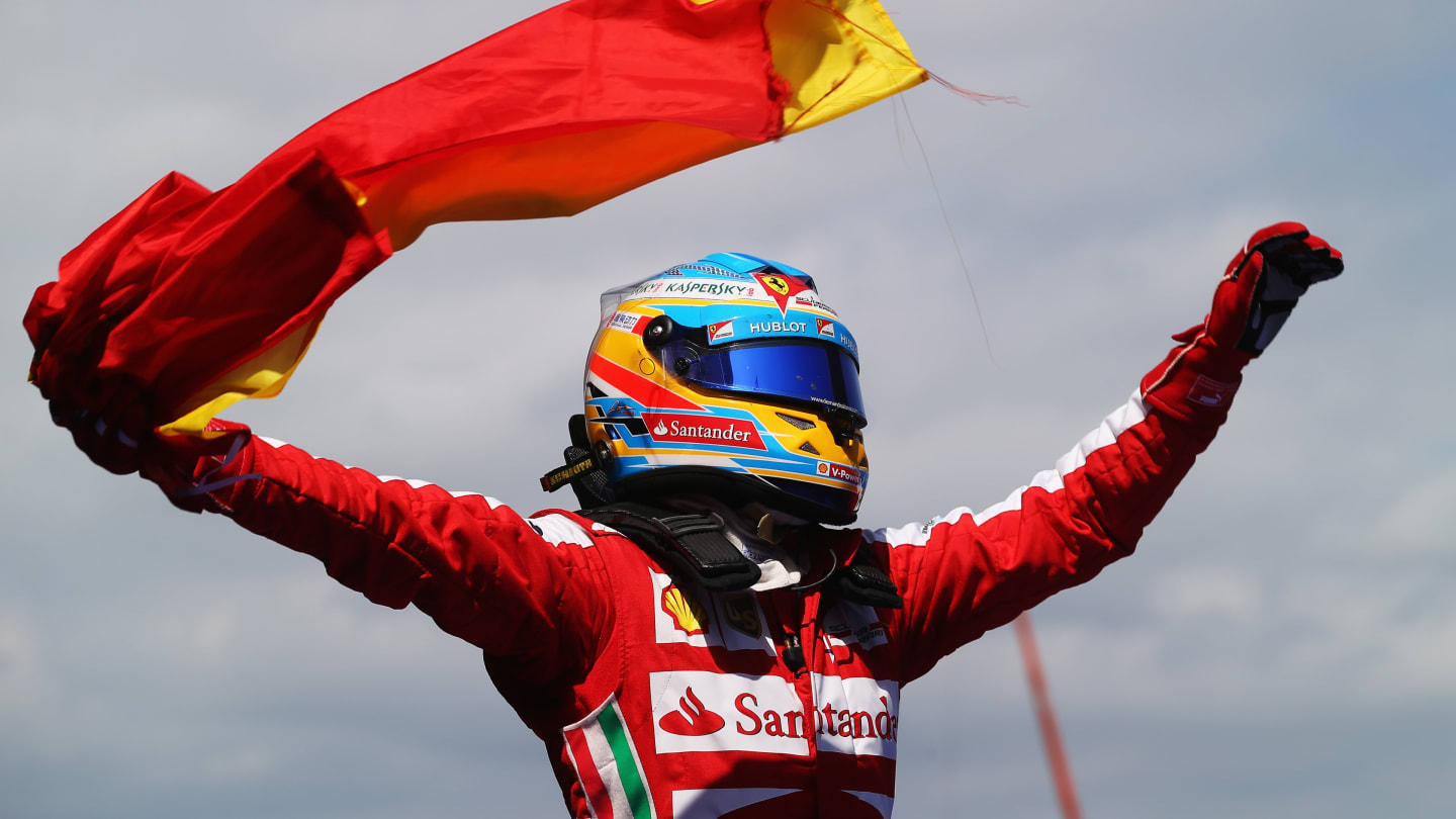 MONTMELO, SPAIN - MAY 12:  Fernando Alonso of Spain and Ferrari celebrates in parc ferme after