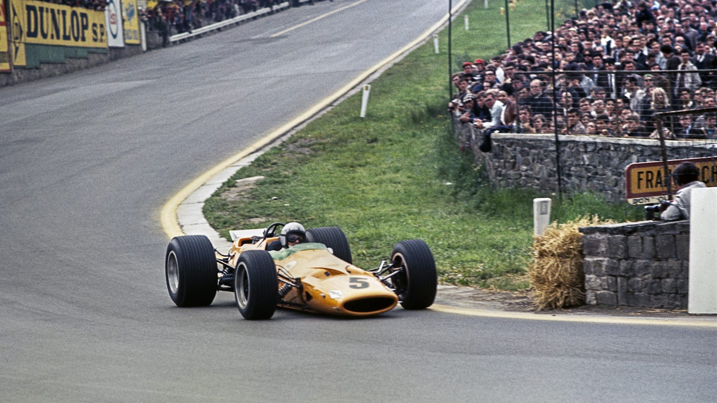 Bruce McLaren, McLaren-Ford M7A, Grand Prix of Belgium, Spa Francorchamps, 09 June 1968. (Photo by