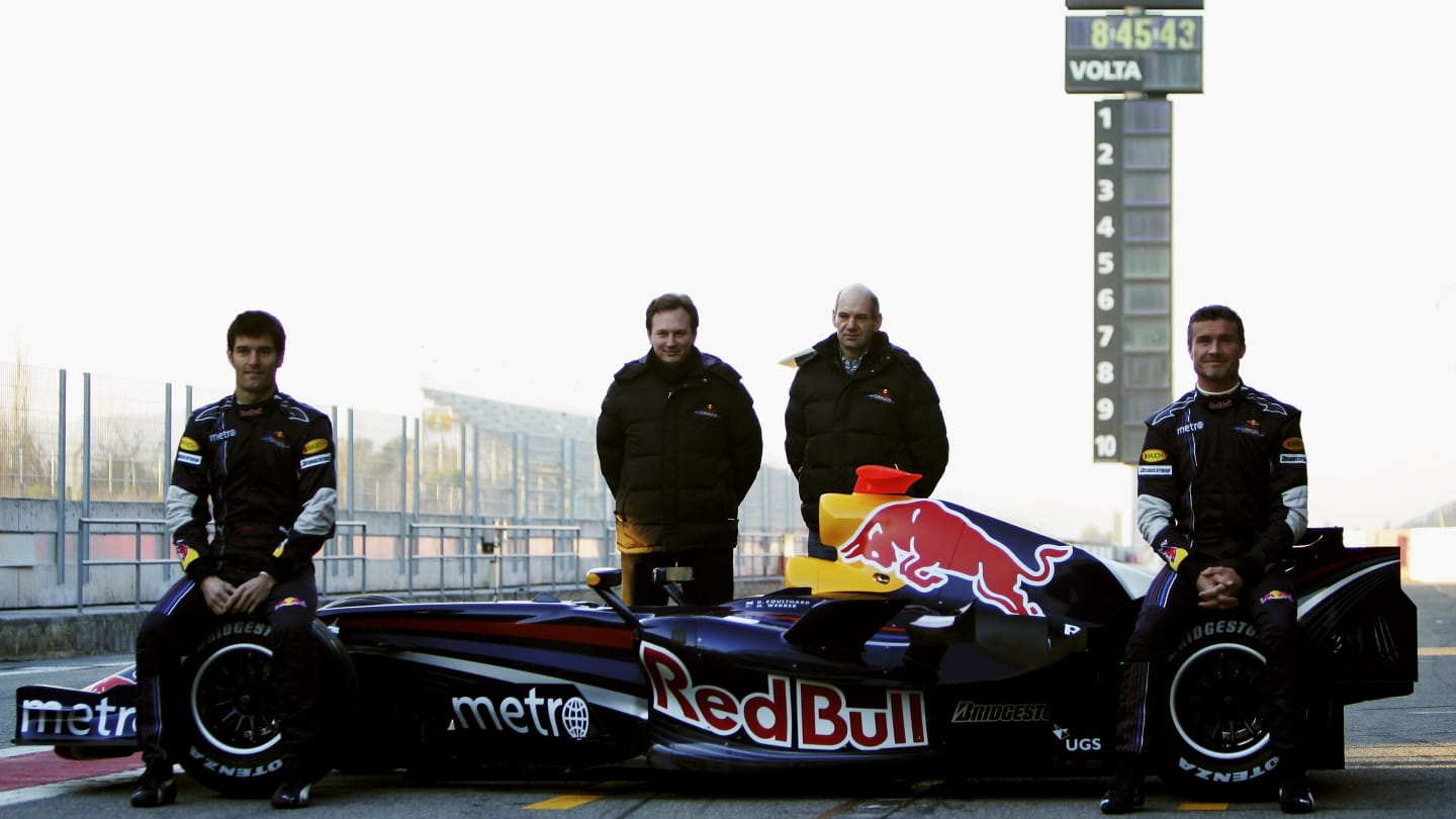 BARCELONA, SPAIN - JANUARY 26:  (L-R) Mark Webber, Christian Horner, Adrian Newey and David