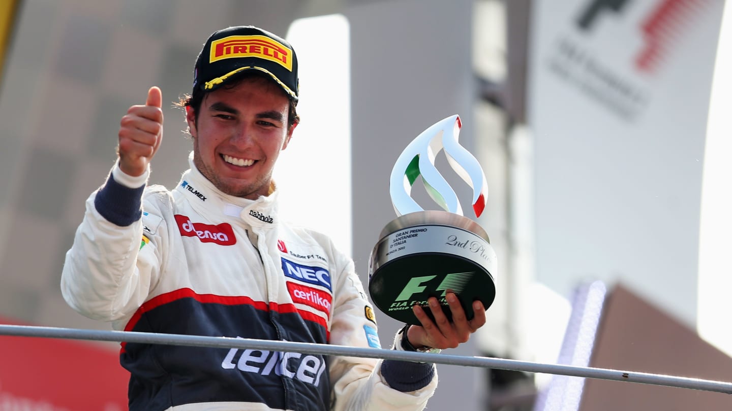 MONZA, ITALY - SEPTEMBER 09:  Sergio Perez of Mexico and Sauber F1 celebrates on the podium after