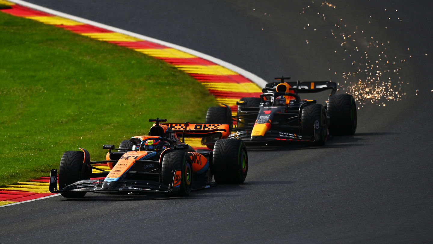 SPA, BELGIUM - JULY 29: Oscar Piastri of Australia driving the (81) McLaren MCL60 Mercedes leads