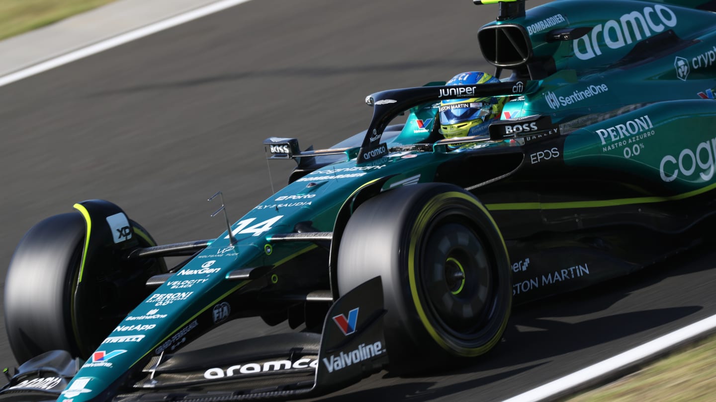 BUDAPEST, HUNGARY - JULY 22: Fernando Alonso of Spain driving the (14) Aston Martin AMR23 Mercedes