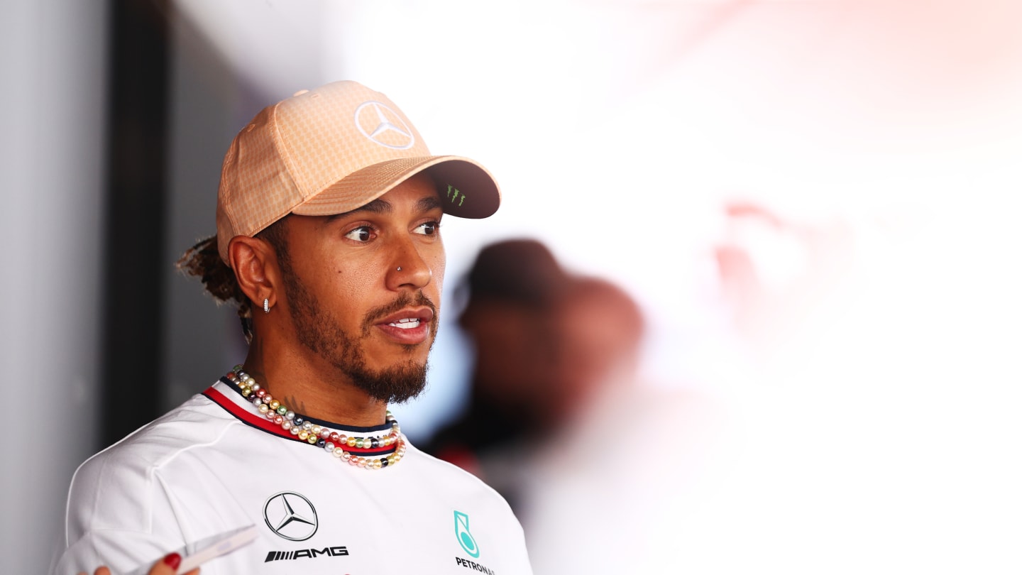 MEXICO CITY, MEXICO - OCTOBER 26: Lewis Hamilton of Great Britain and Mercedes talks to the media