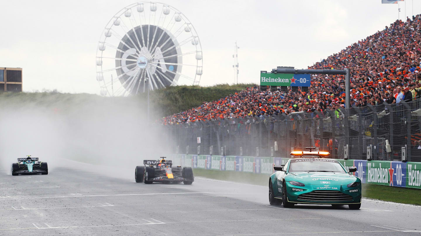 ZANDVOORT, NETHERLANDS - AUGUST 27: The FIA Safety Car leads Max Verstappen of the Netherlands