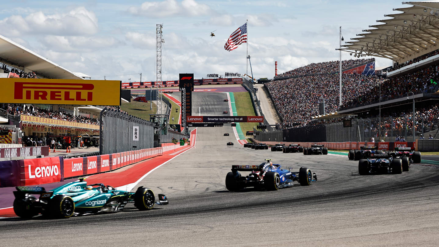 AUSTIN, TEXAS - OCTOBER 22: Fernando Alonso of Spain driving the (14) Aston Martin AMR23 Mercedes