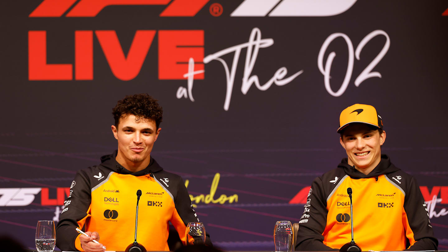 LONDON, ENGLAND - FEBRUARY 18: Lando Norris of Great Britain and McLaren and Oscar Piastri of