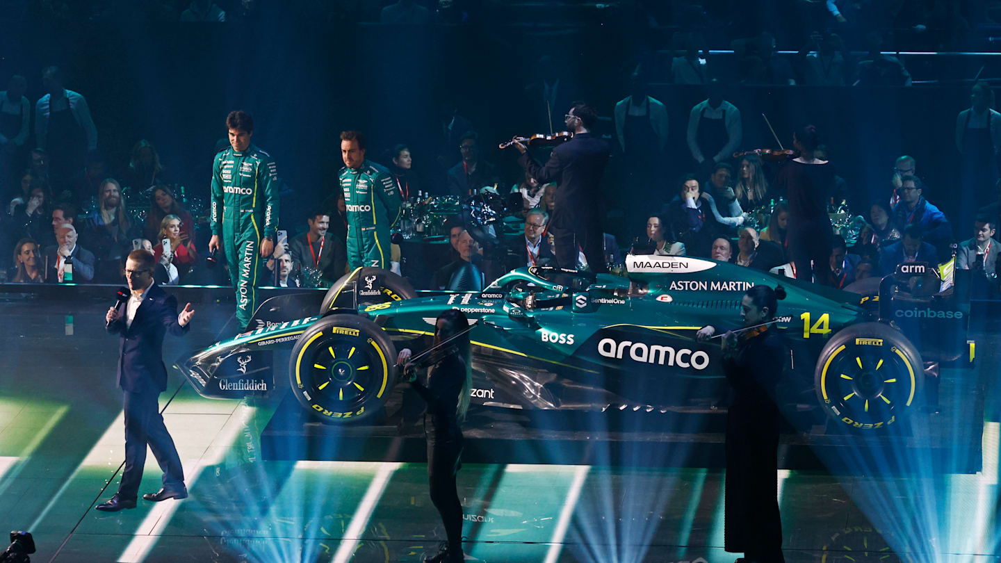 LONDON, ENGLAND - FEBRUARY 18: Lance Stroll of Canada and Aston Martin F1 Team and Fernando Alonso