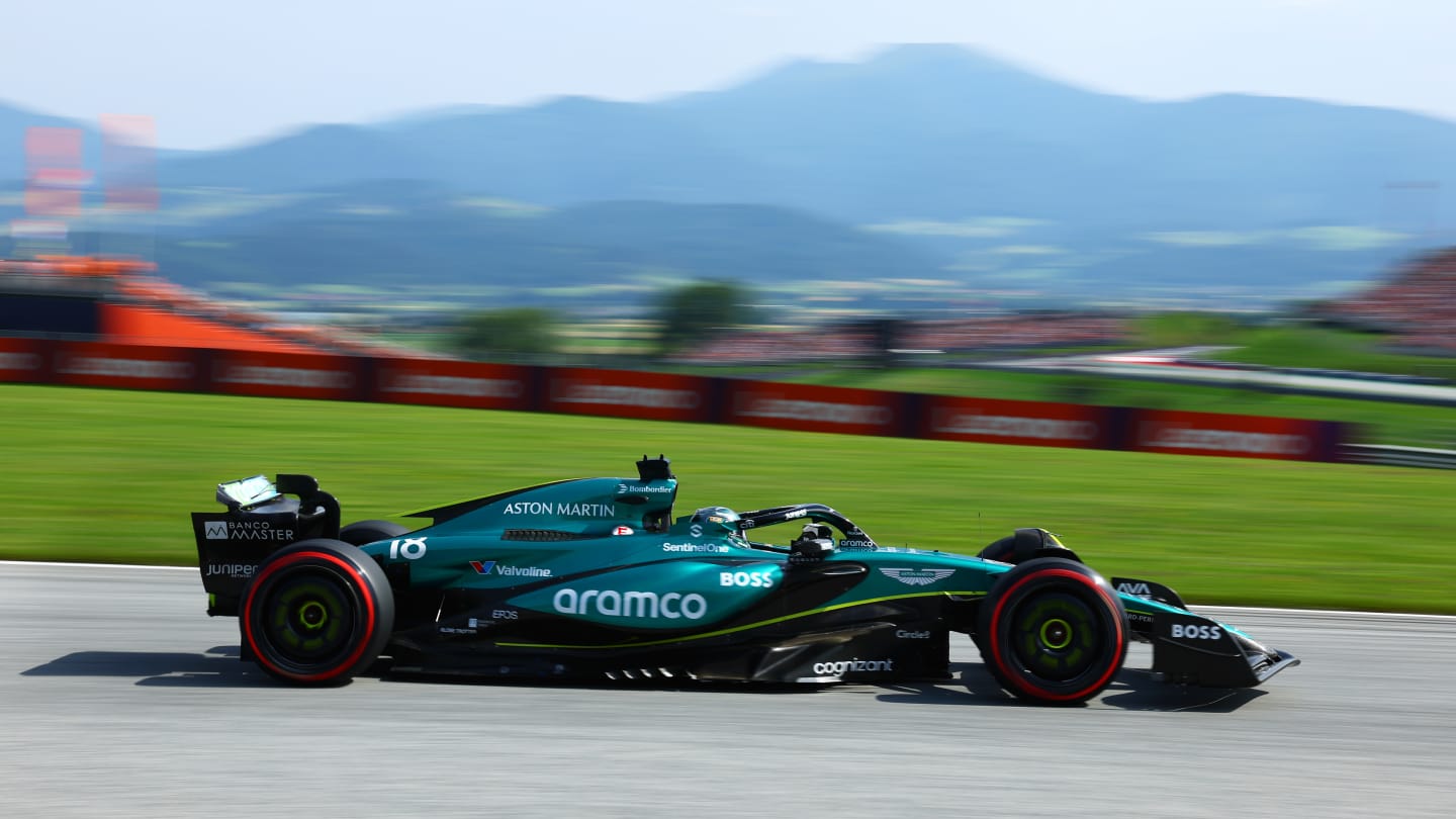 SPIELBERG, AUSTRIA - JUNE 29: Lance Stroll of Canada driving the (18) Aston Martin AMR24 Mercedes on track during qualifying ahead of the F1 Grand Prix of Austria at Red Bull Ring on June 29, 2024 in Spielberg, Austria. (Photo by Clive Rose/Getty Images)