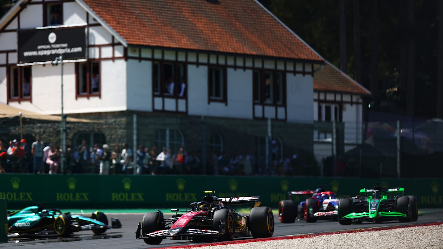 SPA, BELGIUM - JULY 28: Pierre Gasly of France driving the (10) Alpine F1 A524 Renault leads Valtteri Bottas of Finland driving the (77) Kick Sauber C44 Ferrari on track during the F1 Grand Prix of Belgium at Circuit de Spa-Francorchamps on July 28, 2024 in Spa, Belgium. (Photo by Bryn Lennon - Formula 1/Formula 1 via Getty Images)