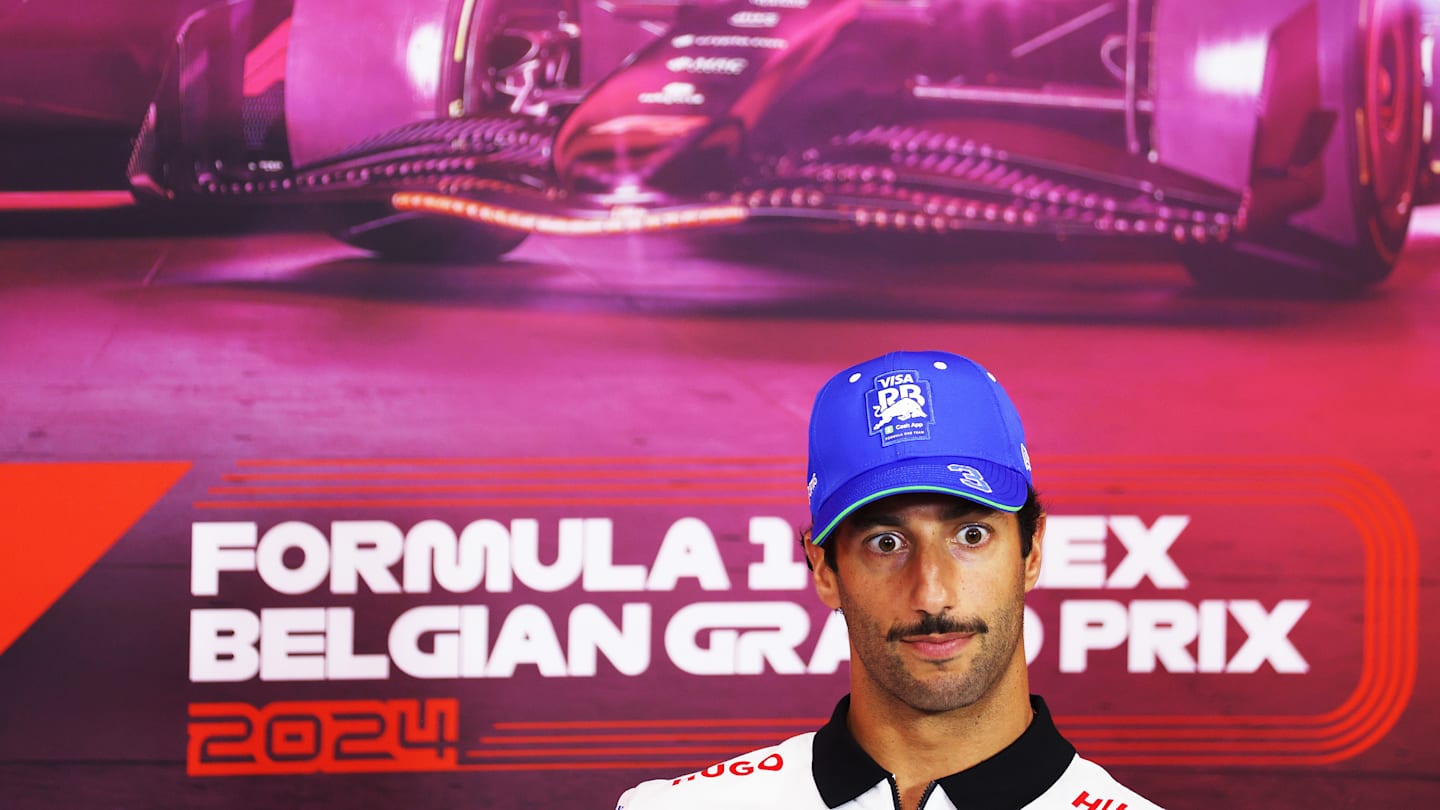 SPA, BELGIUM - JULY 25: Daniel Ricciardo of Australia and Visa Cash App RB attends the Drivers Press Conference during previews ahead of the F1 Grand Prix of Belgium at Circuit de Spa-Francorchamps on July 25, 2024 in Spa, Belgium. (Photo by Dean Mouhtaropoulos/Getty Images)