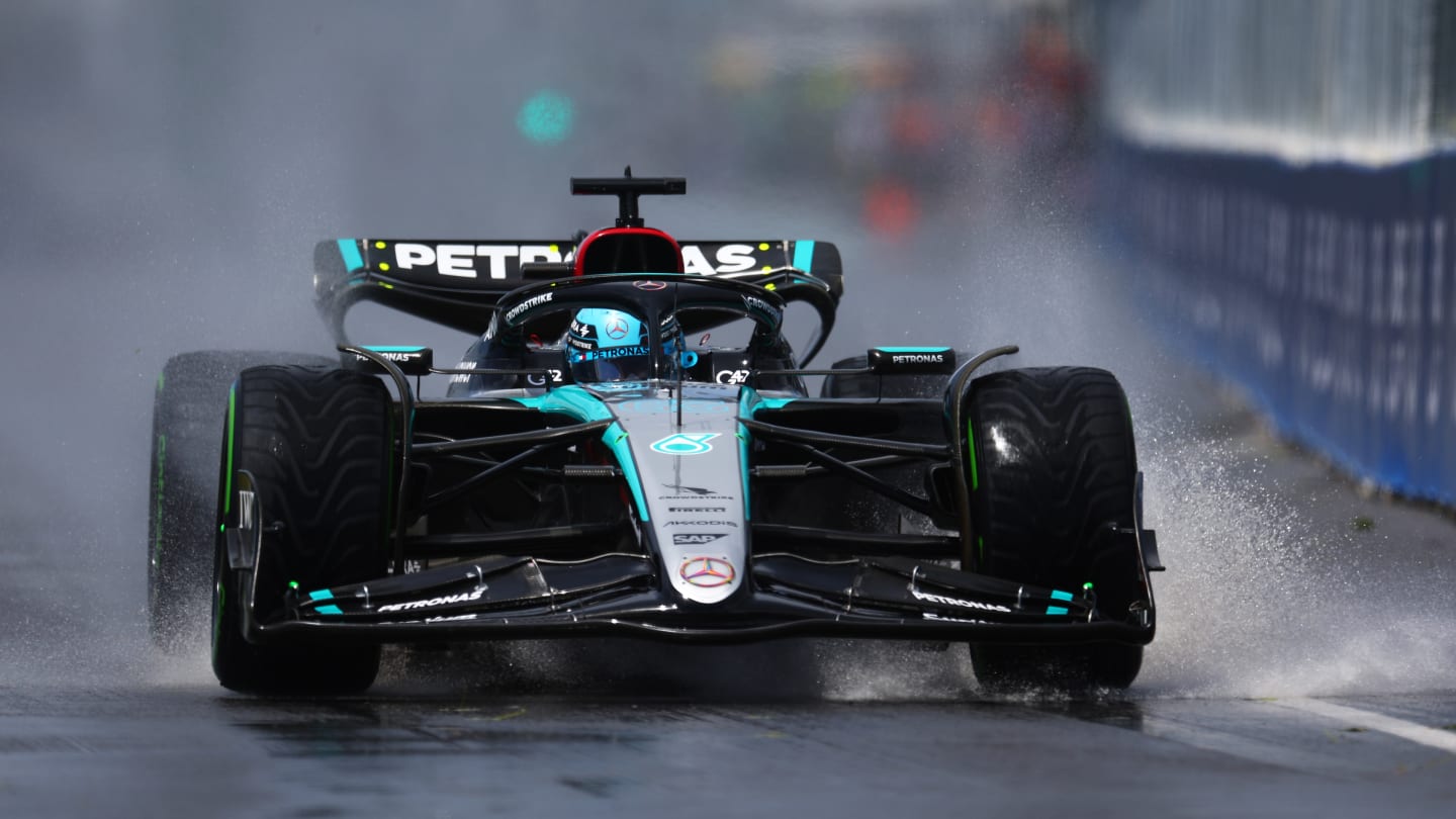 MONTREAL, QUEBEC - JUNE 07: George Russell of Great Britain driving the (63) Mercedes AMG Petronas F1 Team W15 on track during practice ahead of the F1 Grand Prix of Canada at Circuit Gilles Villeneuve on June 07, 2024 in Montreal, Quebec. (Photo by Clive Rose/Getty Images)