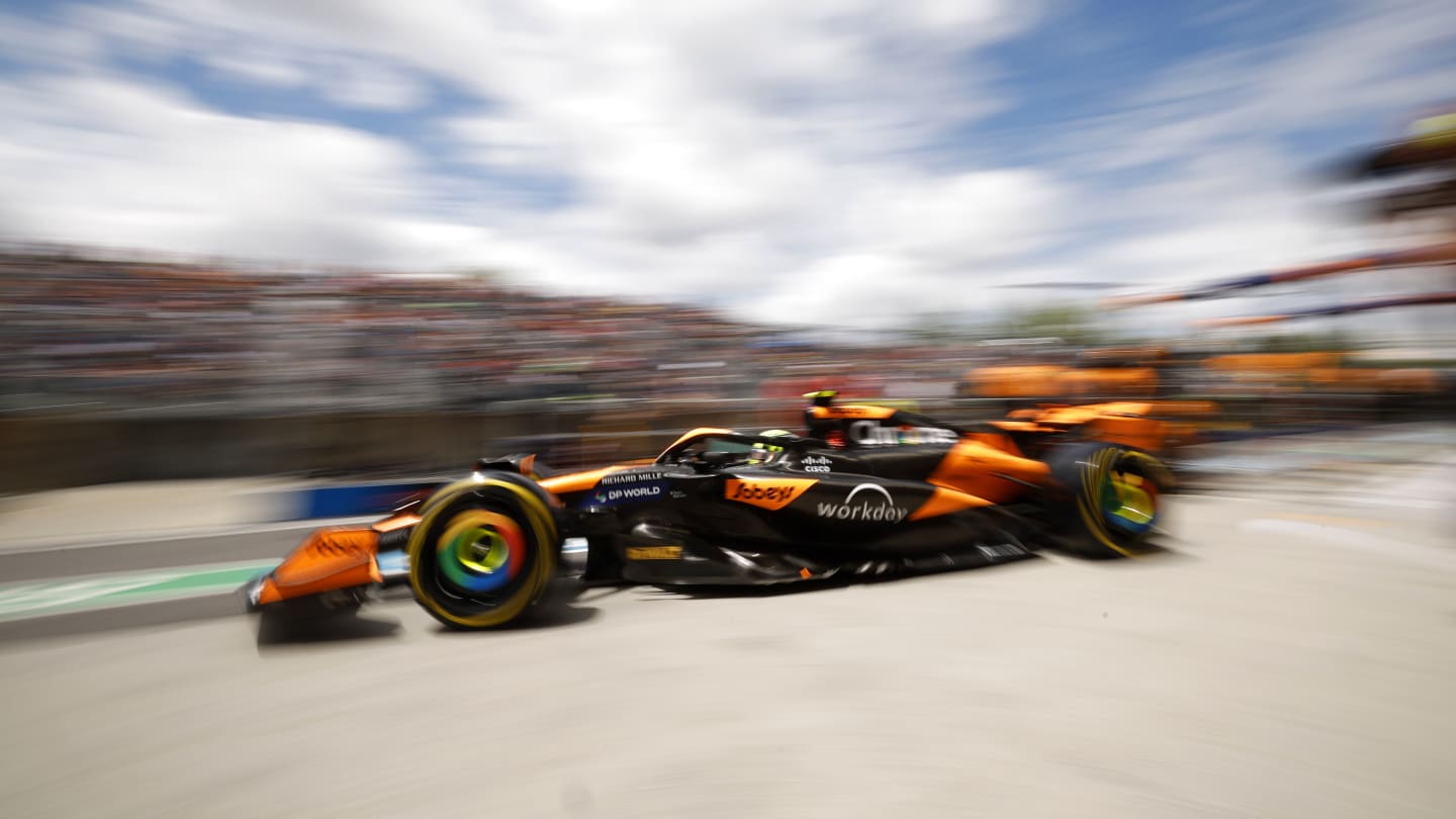 MONTREAL, QUEBEC - JUNE 08: Lando Norris of Great Britain driving the (4) McLaren MCL38 Mercedes in the Pitlane during final practice ahead of the F1 Grand Prix of Canada at Circuit Gilles Villeneuve on June 08, 2024 in Montreal, Quebec. (Photo by Chris Graythen/Getty Images)