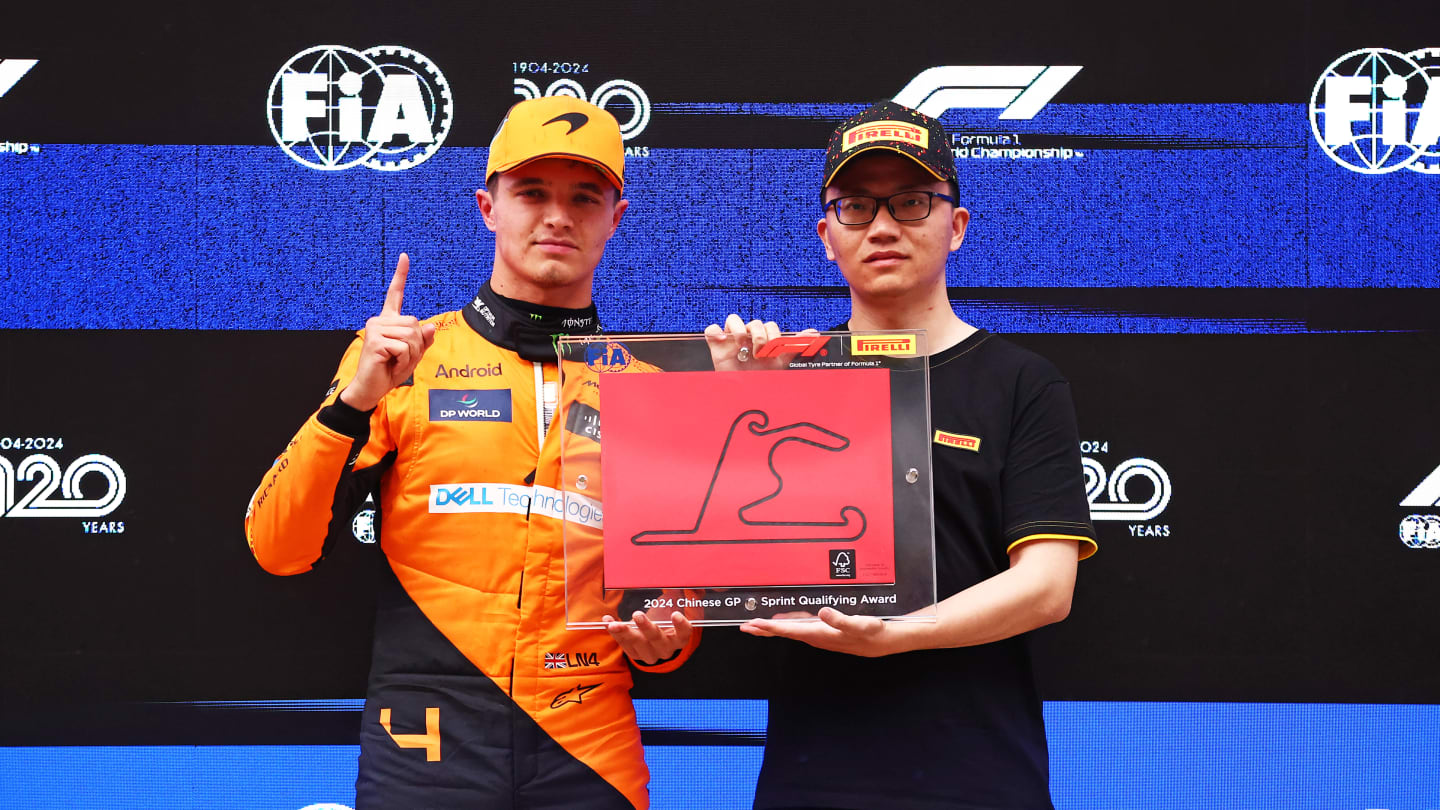 SHANGHAI, CHINA - APRIL 19: Sprint pole qualifier Lando Norris of Great Britain and McLaren