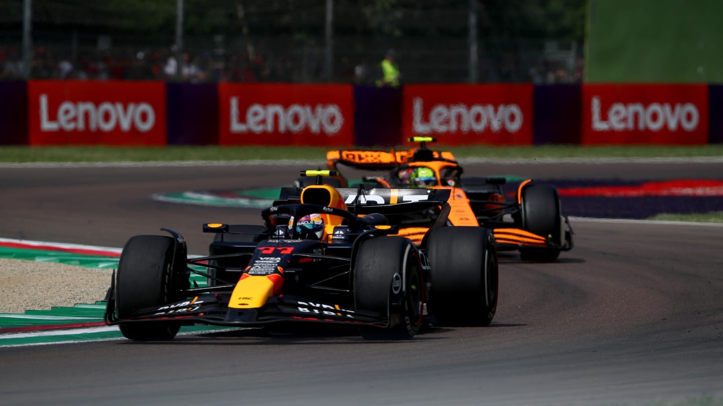 IMOLA, ITALY - MAY 19: Sergio Perez of Mexico driving the (11) Oracle Red Bull Racing RB20 leads