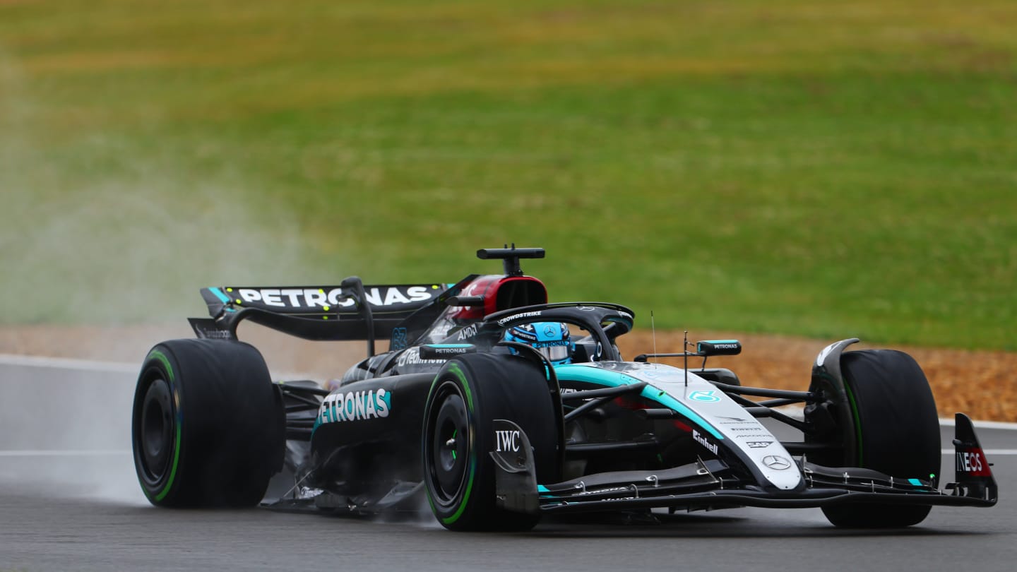 Russell driving the Mercedes at Silverstone