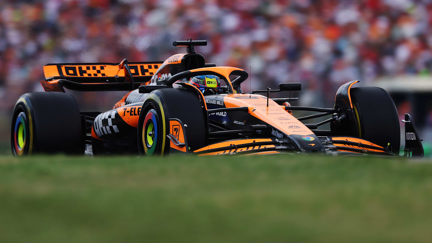 BUDAPEST, HUNGARY - JULY 21: Oscar Piastri of Australia driving the (81) McLaren MCL38 Mercedes on