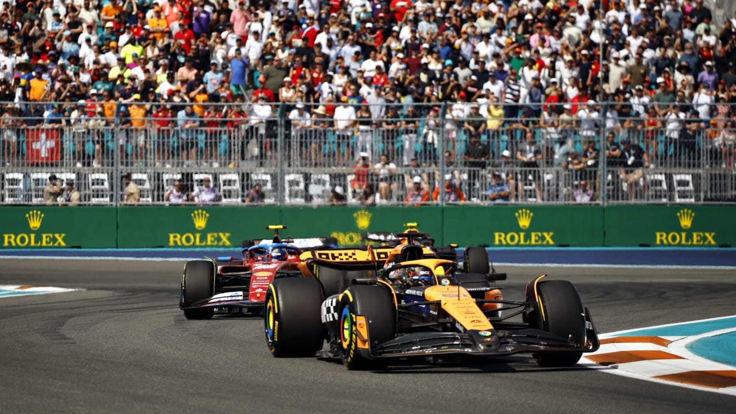 MIAMI, FLORIDA - MAY 05: Oscar Piastri of Australia driving the (81) McLaren MCL38 Mercedes leads