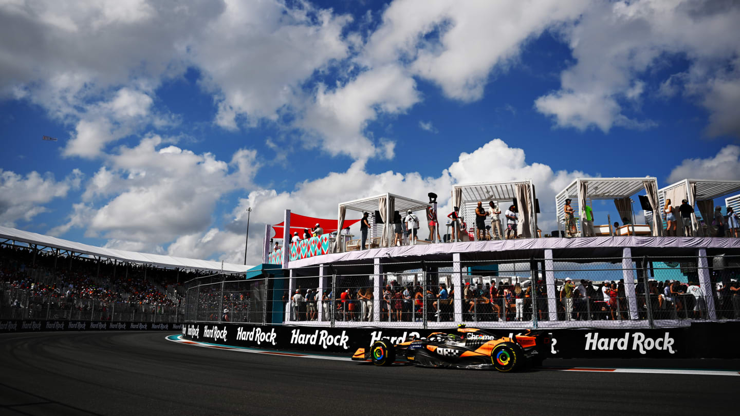 MIAMI, FLORIDA - MAY 05: Lando Norris of Great Britain driving the (4) McLaren MCL38 Mercedes on