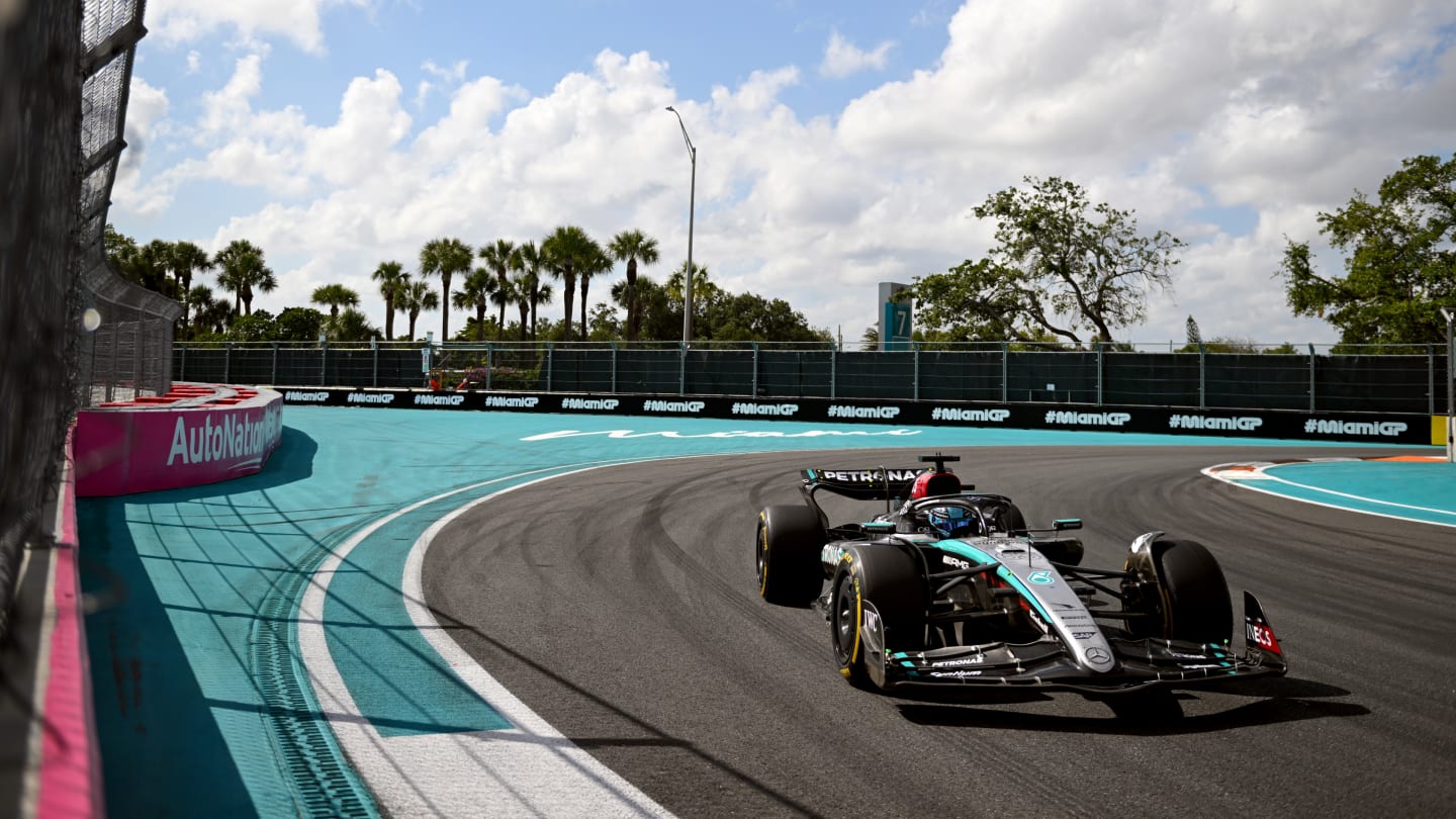 MIAMI, FLORIDA - MAY 05: George Russell of Great Britain driving the (63) Mercedes AMG Petronas F1