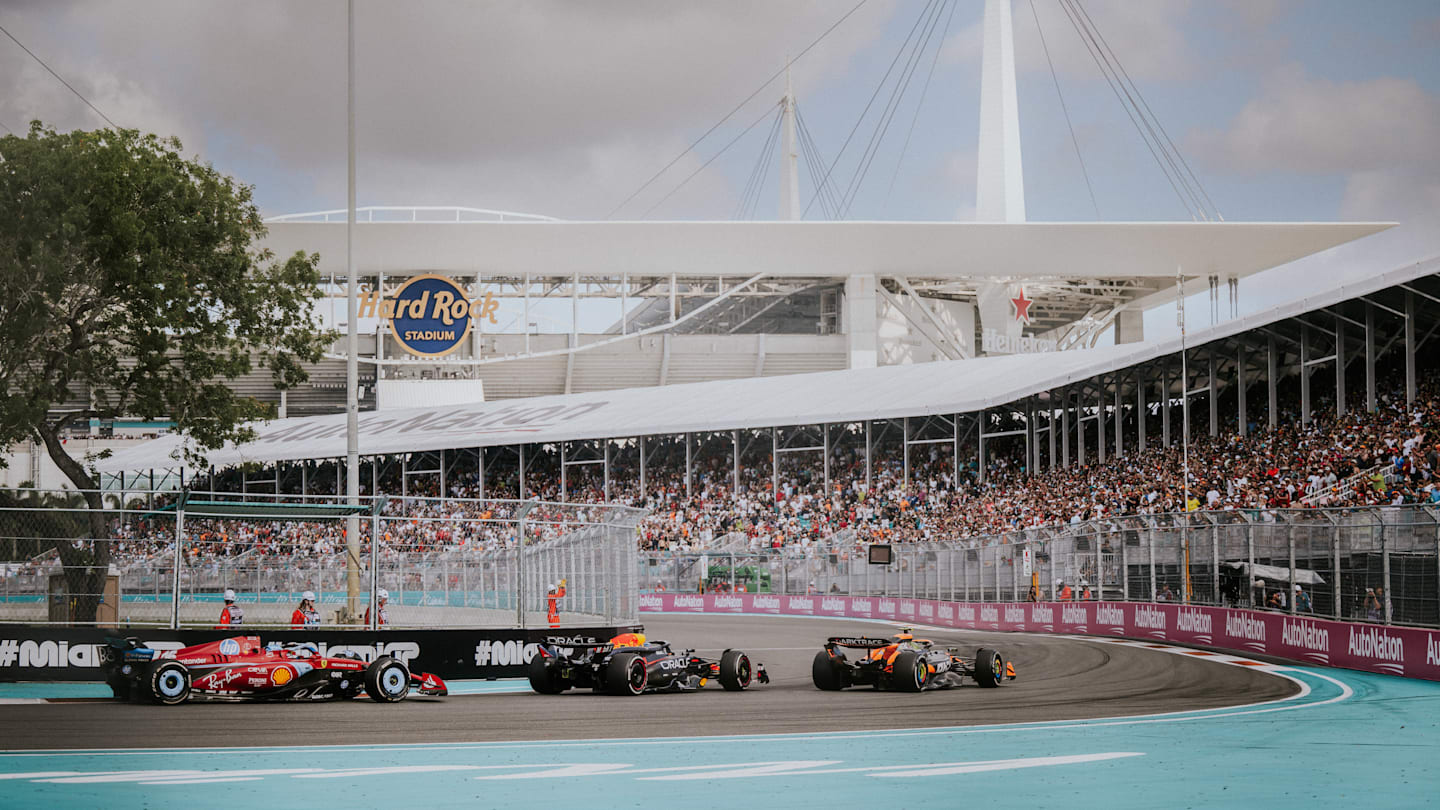 MIAMI, FLORIDA - MAY 05: Charles Leclerc of Monaco, Ferrari SF-24, and Max Verstappen of the