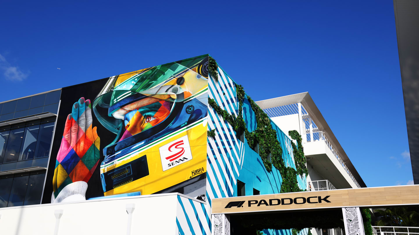 MIAMI, FLORIDA - MAY 02: The Ayrton Senna memorial mural at the track is unveiled during previews