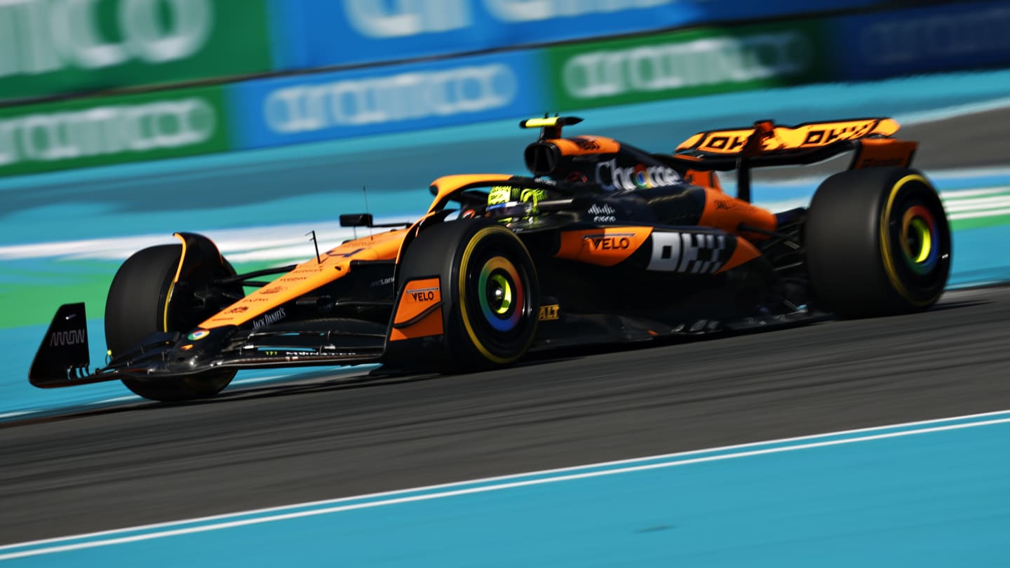 MIAMI, FLORIDA - MAY 04: Lando Norris of Great Britain driving the (4) McLaren MCL38 Mercedes on