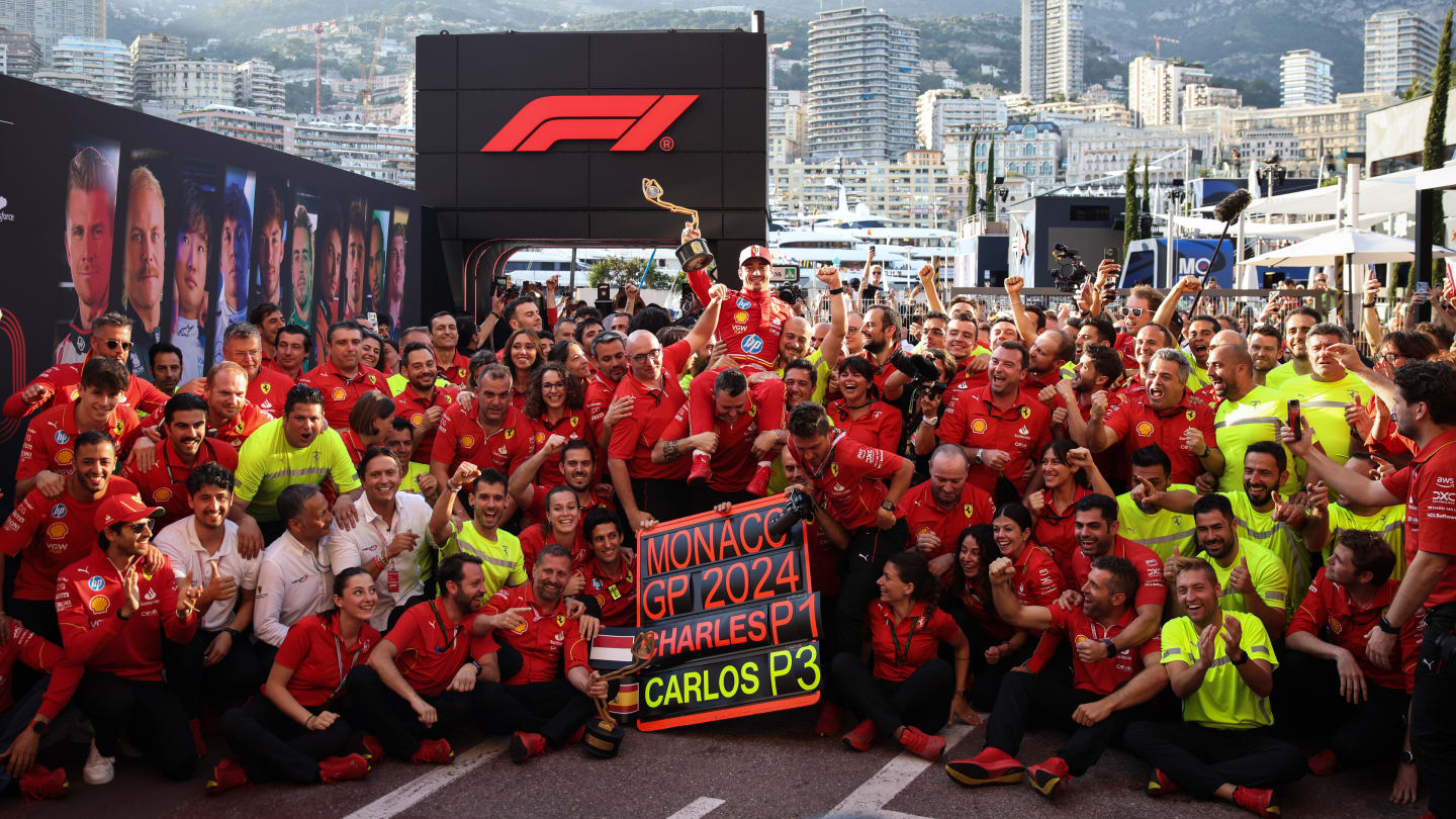 MONTE-CARLO, MONACO - MAY 26:  Race winner Charles Leclerc of Monaco and Ferrari celebrates with